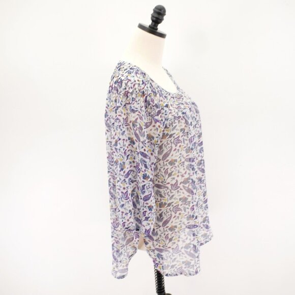 LC Lauren Conrad White Purple Blue Floral Sheer Scoop Neck Blouse Capped Large L - Picture 8 of 12